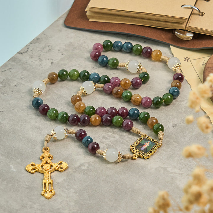 Christianartworkshop Colorful Tourmaline Beads Rosary with Square Divine Mercy and Golden Crucifix - image 1