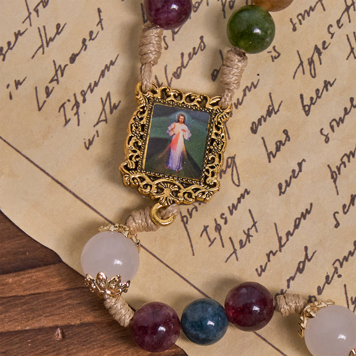 Christianartworkshop Colorful Tourmaline Beads Rosary with Square Divine Mercy and Golden Crucifix - image 9