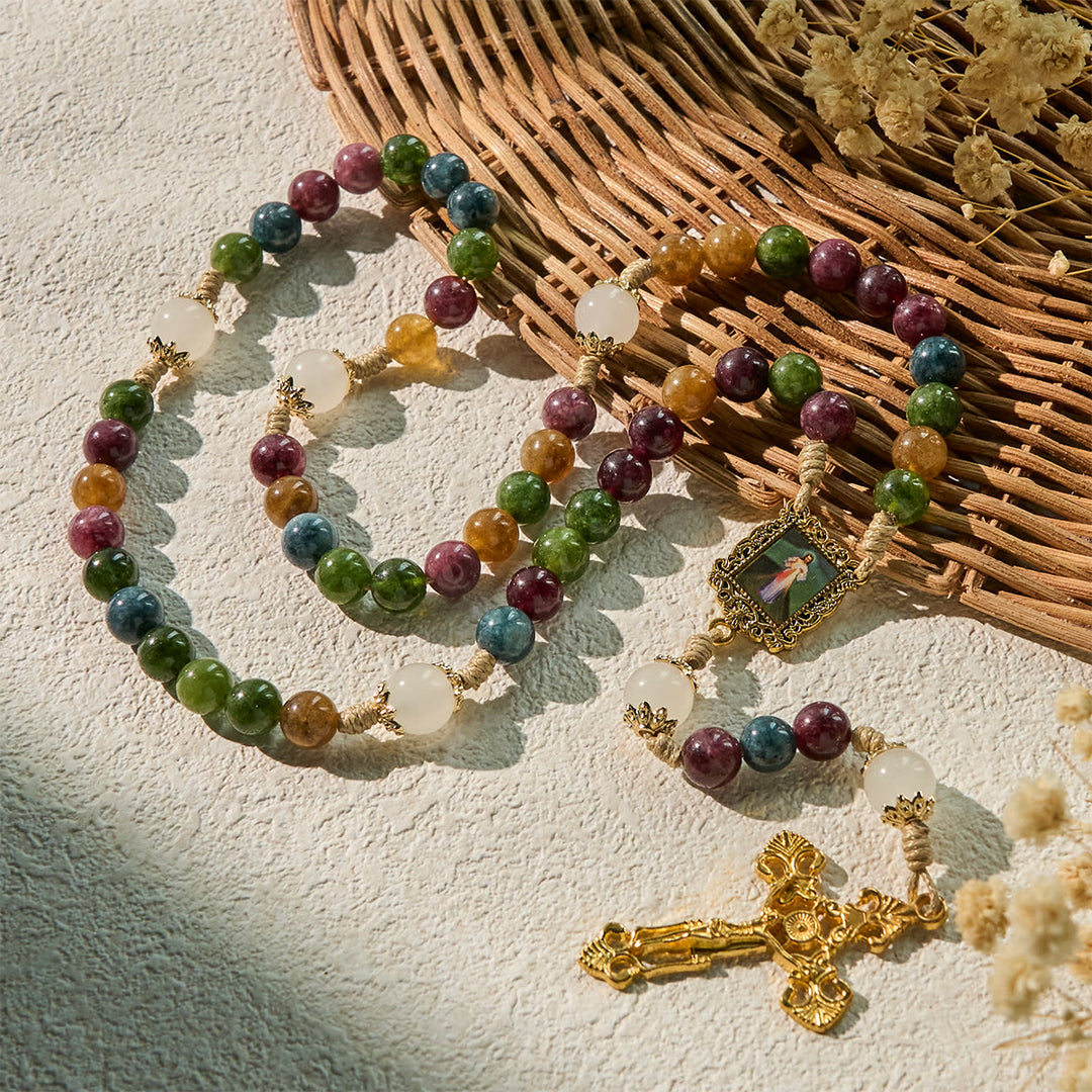 Christianartworkshop Colorful Tourmaline Beads Rosary with Square Divine Mercy and Golden Crucifix - image 5