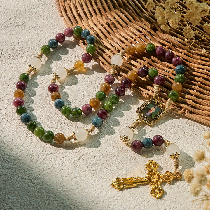 Christianartworkshop Colorful Tourmaline Beads Rosary with Square Divine Mercy and Golden Crucifix - image 5