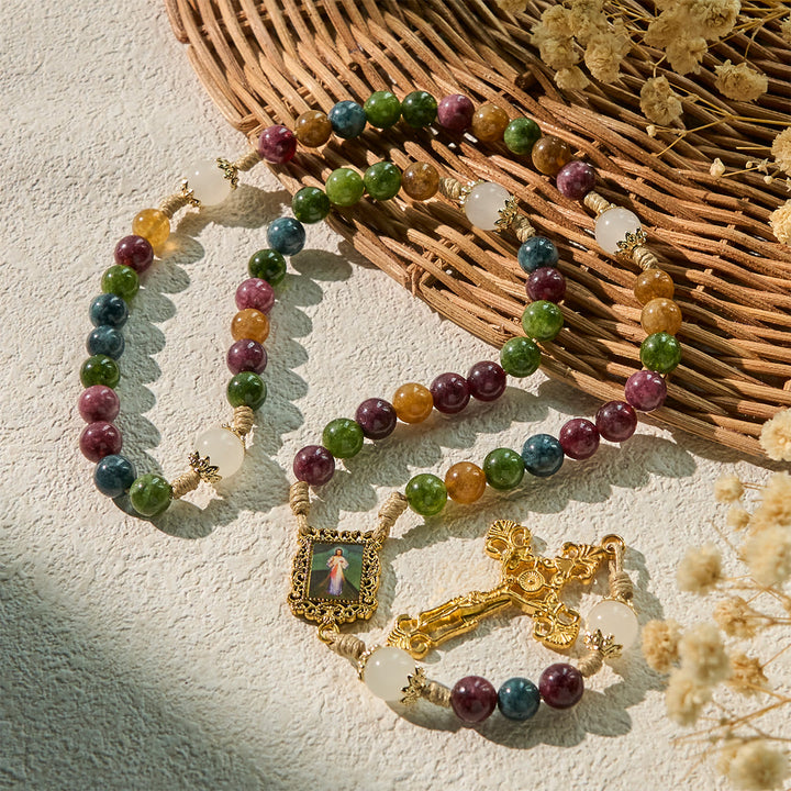 Christianartworkshop Colorful Tourmaline Beads Rosary with Square Divine Mercy and Golden Crucifix - image 6