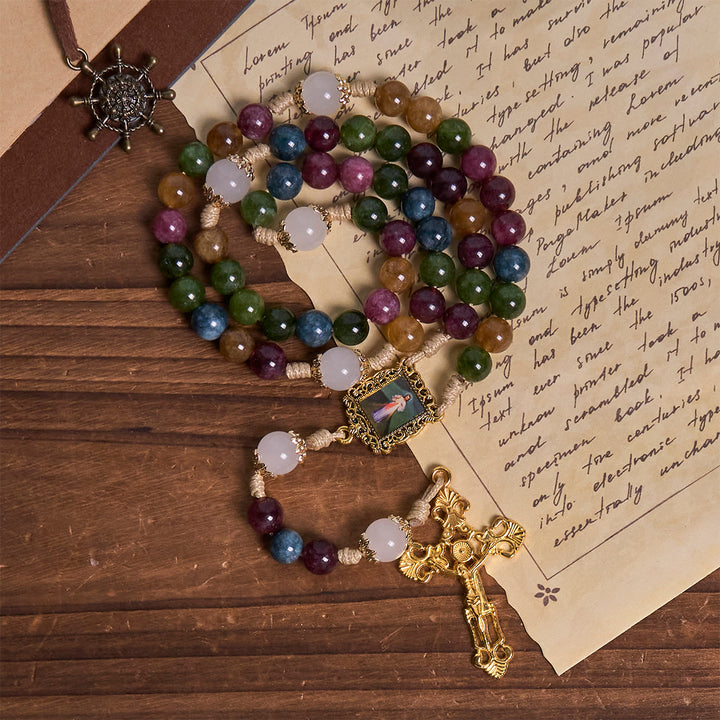 Christianartworkshop Colorful Tourmaline Beads Rosary with Square Divine Mercy and Golden Crucifix - image 8