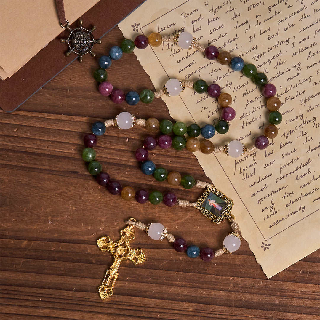 Christianartworkshop Colorful Tourmaline Beads Rosary with Square Divine Mercy and Golden Crucifix - image 7