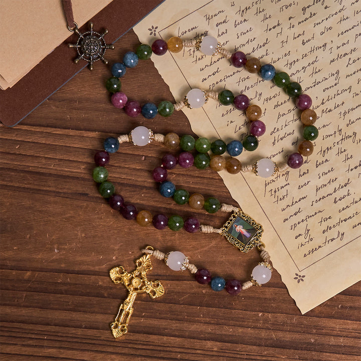 Christianartworkshop Colorful Tourmaline Beads Rosary with Square Divine Mercy and Golden Crucifix - image 7