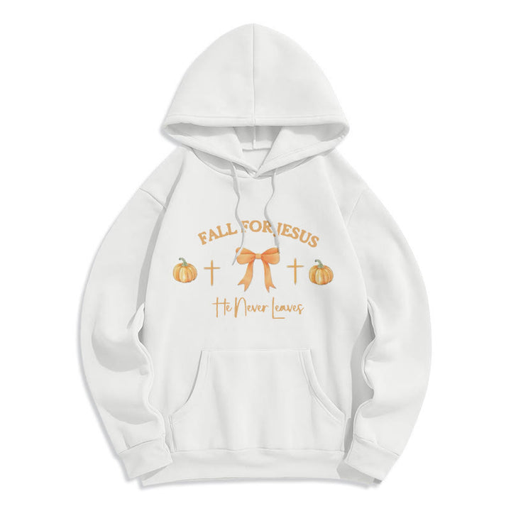 Christianartworkshop Fall For Jesus Pumpkin Cross & Bow Fleece Lined Polyester Hoodie - White - 2XL - image 2