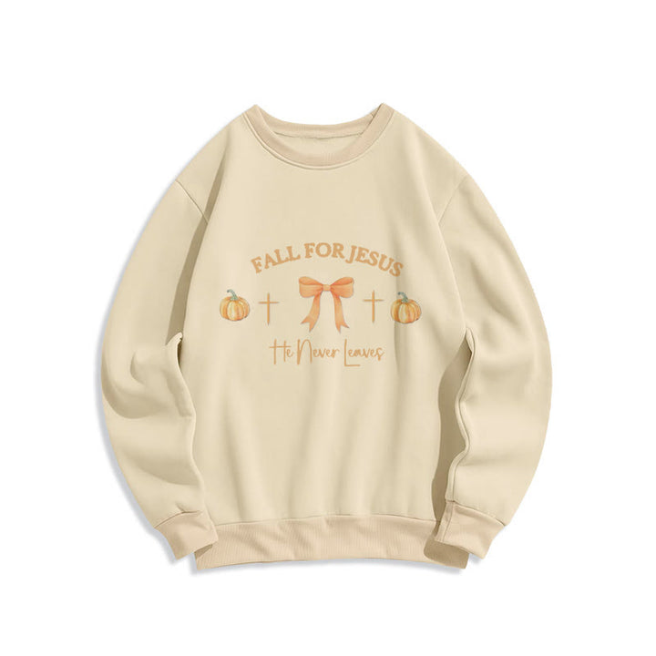 Christianartworkshop Fall For Jesus Pumpkin Cross & Bow Fleece Lined Polyester Sweatshirt - Beige - 2XL - image 2