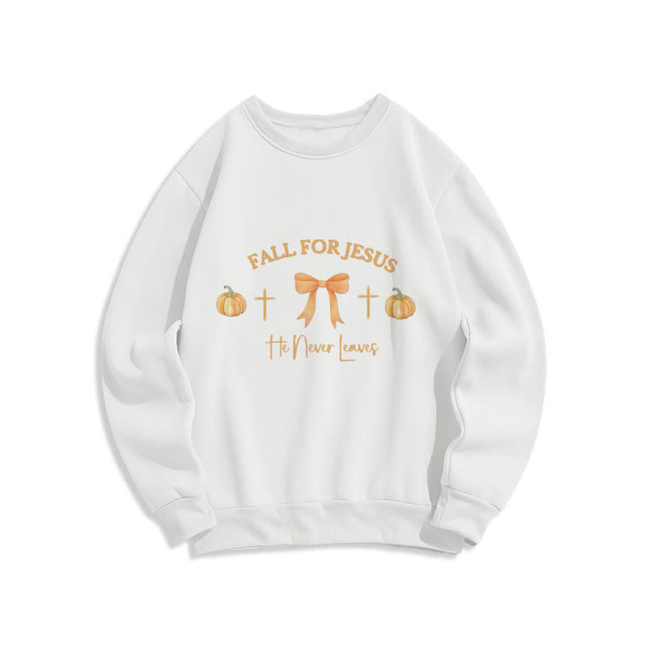 Christianartworkshop Fall For Jesus Pumpkin Cross & Bow Fleece Lined Polyester Sweatshirt - White - 2XL - image 3