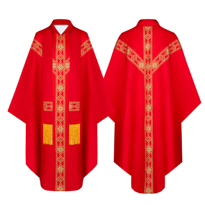 Christianartworkshop Medieval Cloak Clergy Robe with Golden Religious Patterns - Red - One Size Fits All (Length 130cm) - image 0