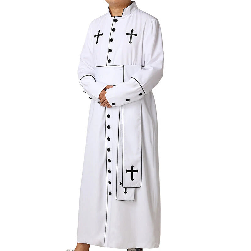 Christianartworkshop Ceremonial Black and White Stand Collar Clergy Robe with Belt & Cross Motifs - image 5