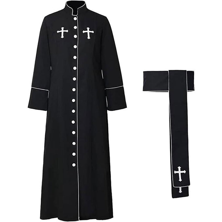 Christianartworkshop Ceremonial Black and White Stand Collar Clergy Robe with Belt & Cross Motifs - image 10