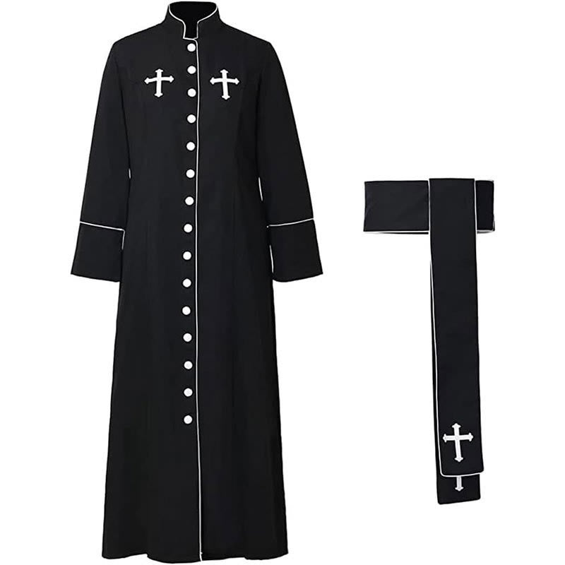 Christianartworkshop Ceremonial Black and White Stand Collar Clergy Robe Cassock with Belt & Cross Motifs - image 4