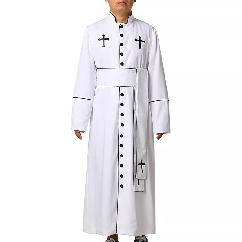 Christianartworkshop Ceremonial Black and White Stand Collar Clergy Robe with Belt & Cross Motifs - image 4