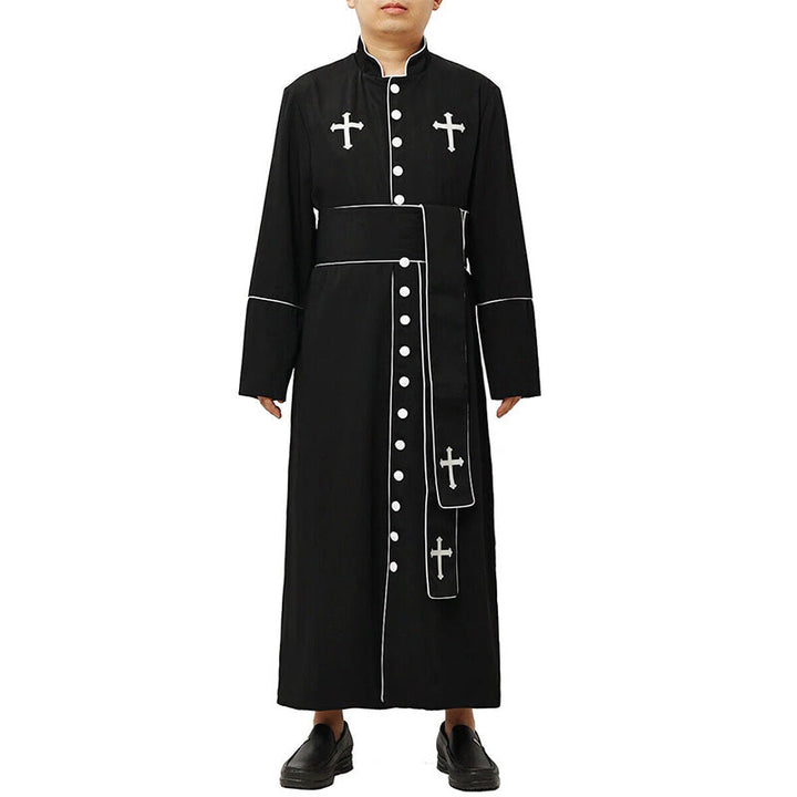 Christianartworkshop Ceremonial Black and White Stand Collar Clergy Robe with Belt & Cross Motifs - image 11