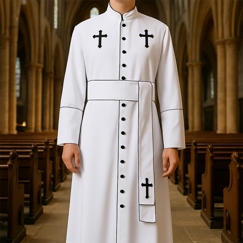 Christianartworkshop Ceremonial Black and White Stand Collar Clergy Robe Cassock with Belt & Cross Motifs - image 0