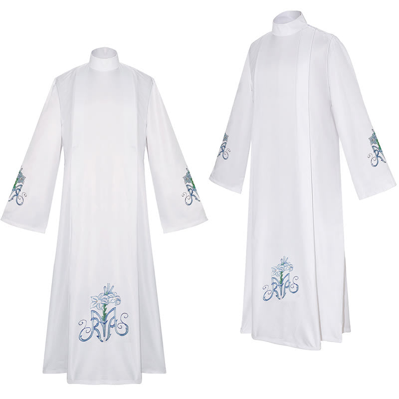 Christianartworkshop Graceful White High Neck Clergy Robe with Blue Lily Floral Design - image 2