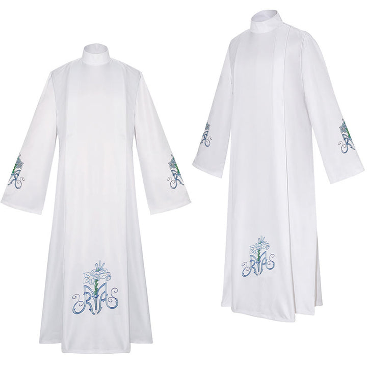 Christianartworkshop Graceful White High Neck Clergy Robe with Blue Lily Floral Design - image 2