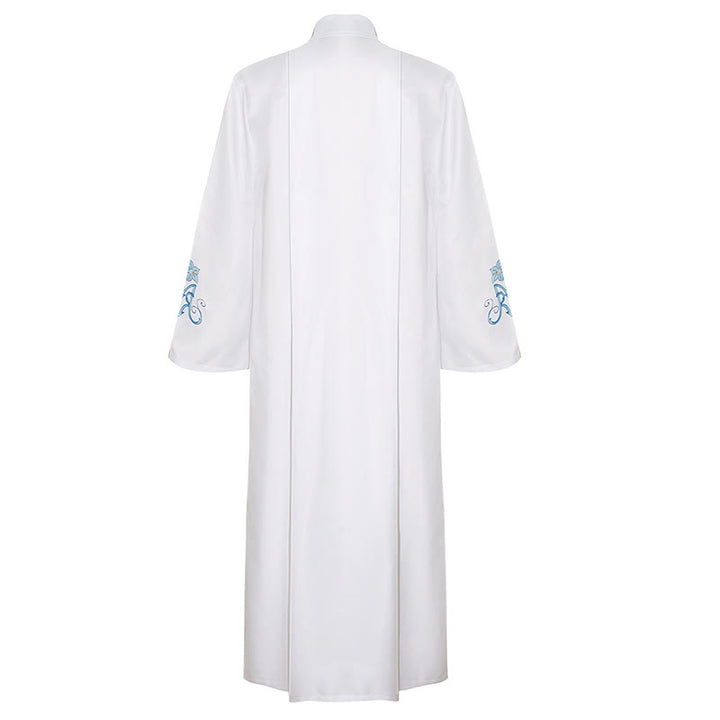 Christianartworkshop Graceful White High Neck Clergy Robe with Blue Lily Floral Design - image 4
