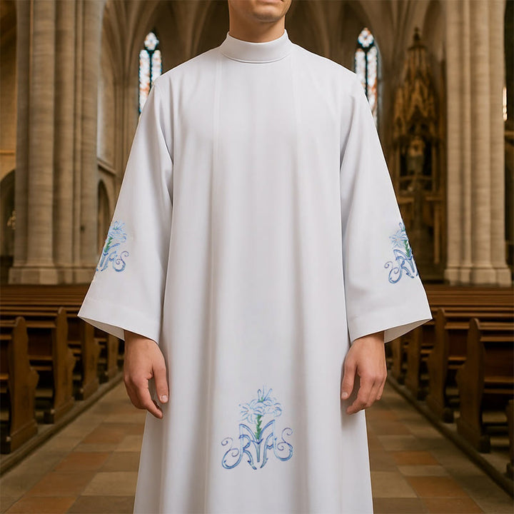 Christianartworkshop Graceful White High Neck Clergy Robe with Blue Lily Floral Design - White - 3XL - image 0