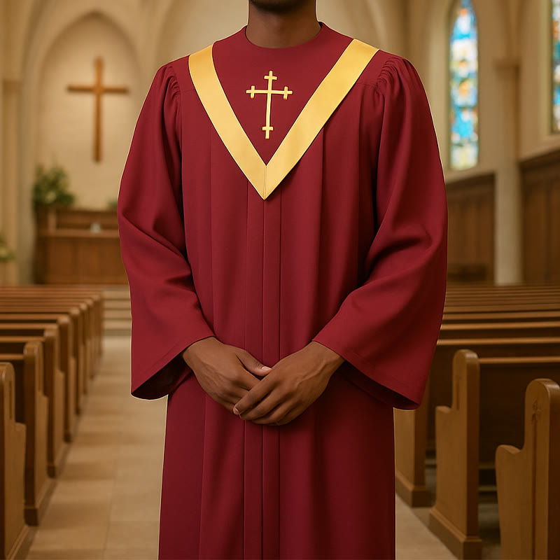 Christianartworkshop Traditional Burgundy Clergy Robe with Gold Cross & V Neck Trim - image 0