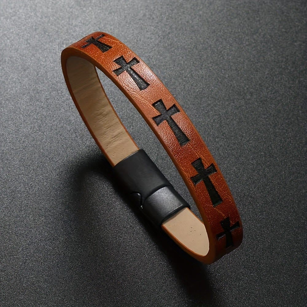 Christianartworkshop Classic Style Multicolor Leather Magnetic Buckle Bracelet with Cross Motifs - image 4