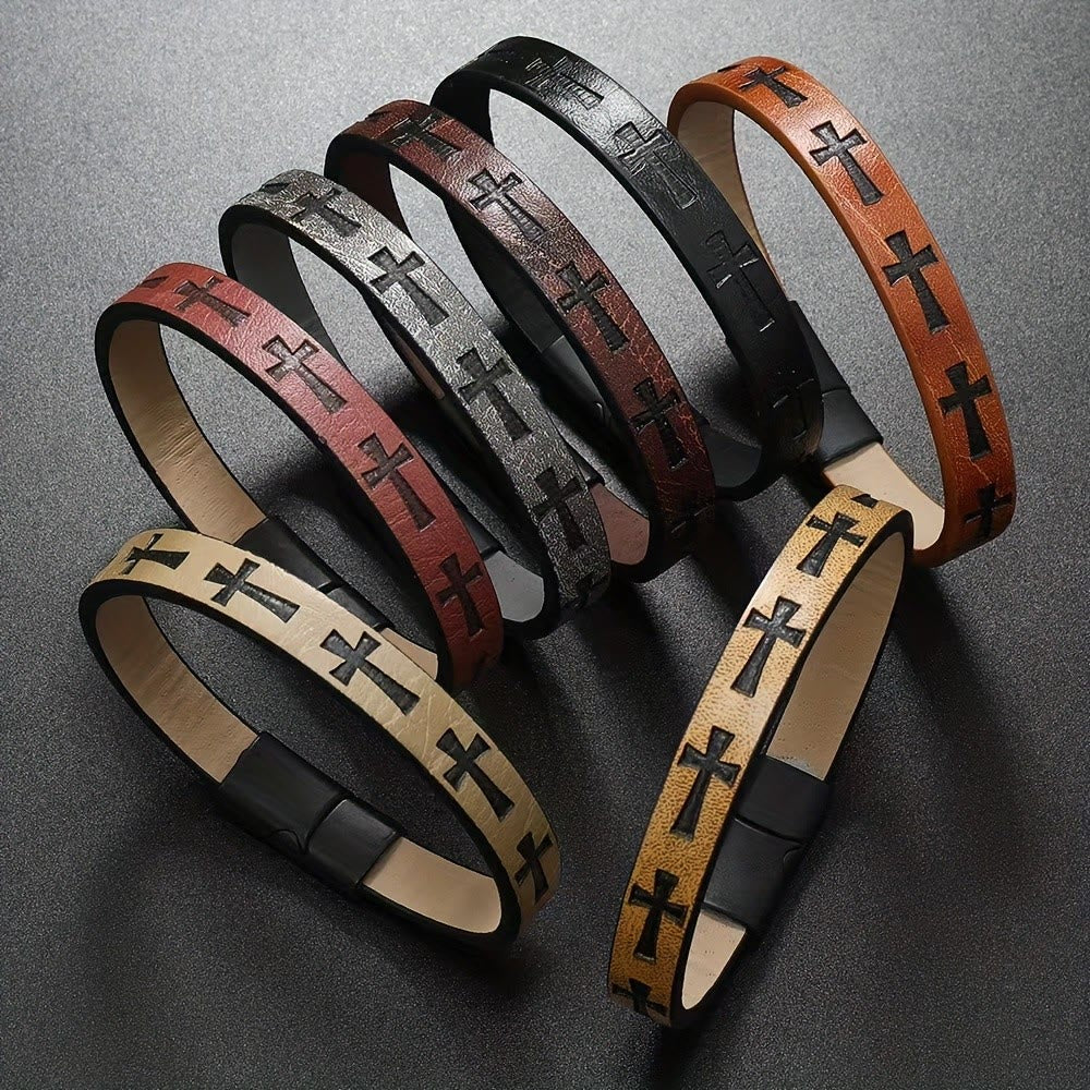 Christianartworkshop Classic Style Multicolor Leather Magnetic Buckle Bracelet with Cross Motifs - image 1