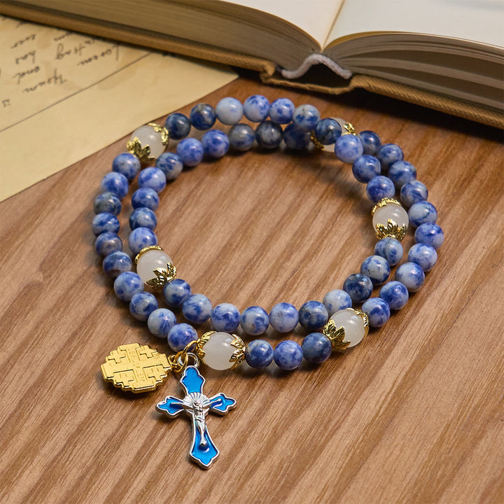 Christianartworkshop Artisanal Elastic 4mm Blue Stone Rosary Bracelet with Crucifix & Jerusalem Cross - image 2