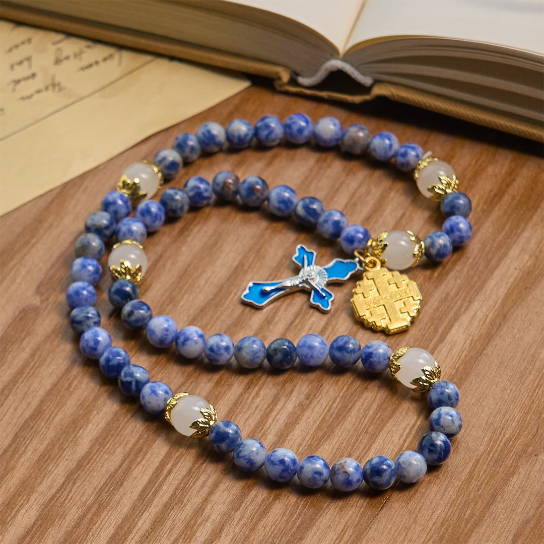 Christianartworkshop Artisanal Elastic 4mm Blue Stone Rosary Bracelet with Crucifix & Jerusalem Cross - image 3