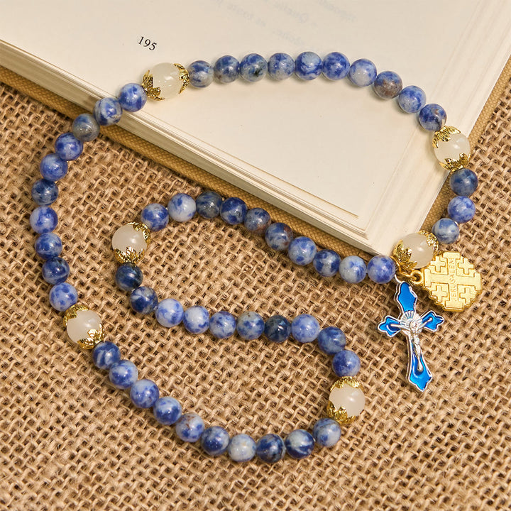 Christianartworkshop Artisanal Elastic 4mm Blue Stone Rosary Bracelet with Crucifix & Jerusalem Cross - image 4