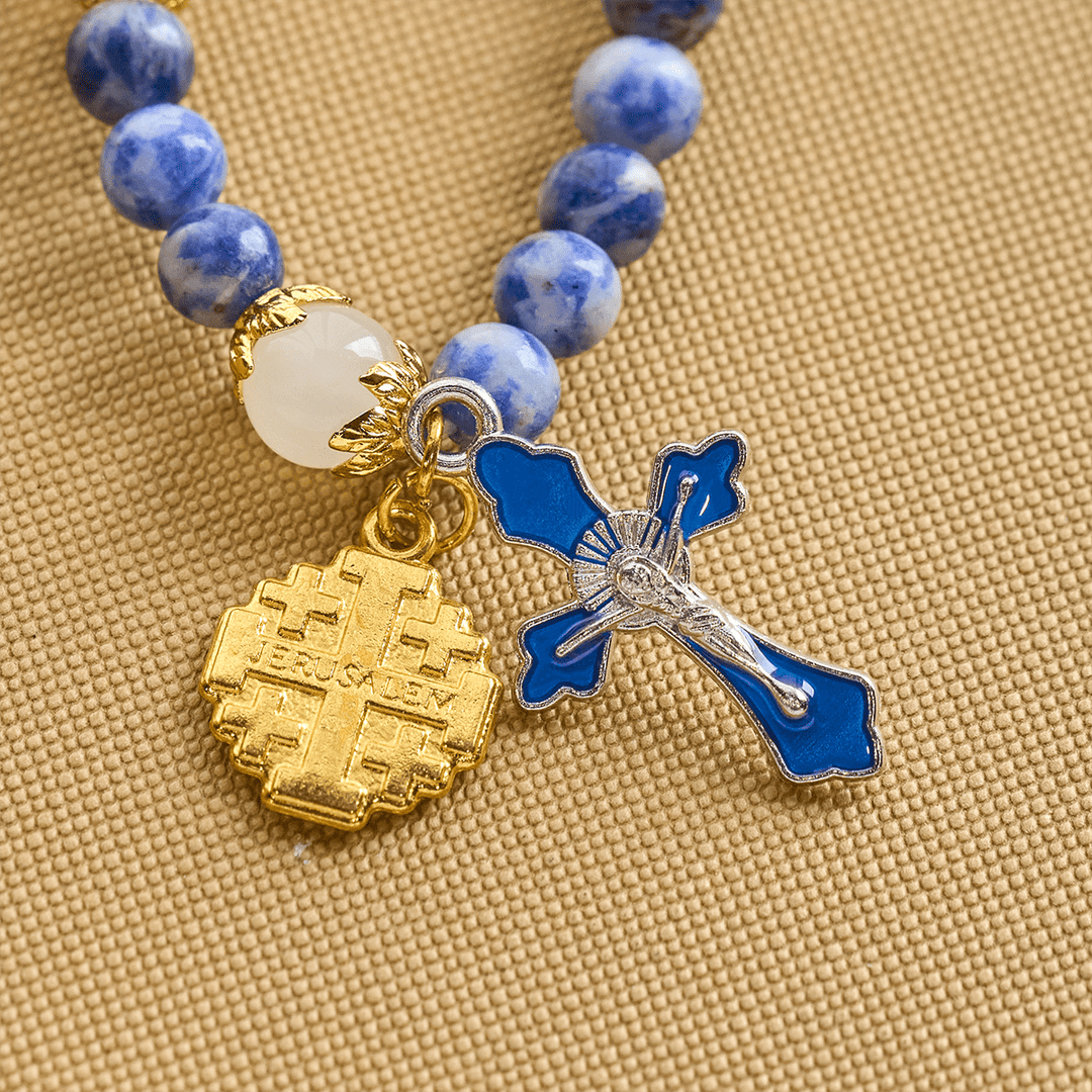Christianartworkshop Artisanal Elastic 4mm Blue Stone Rosary Bracelet with Crucifix & Jerusalem Cross - image 6