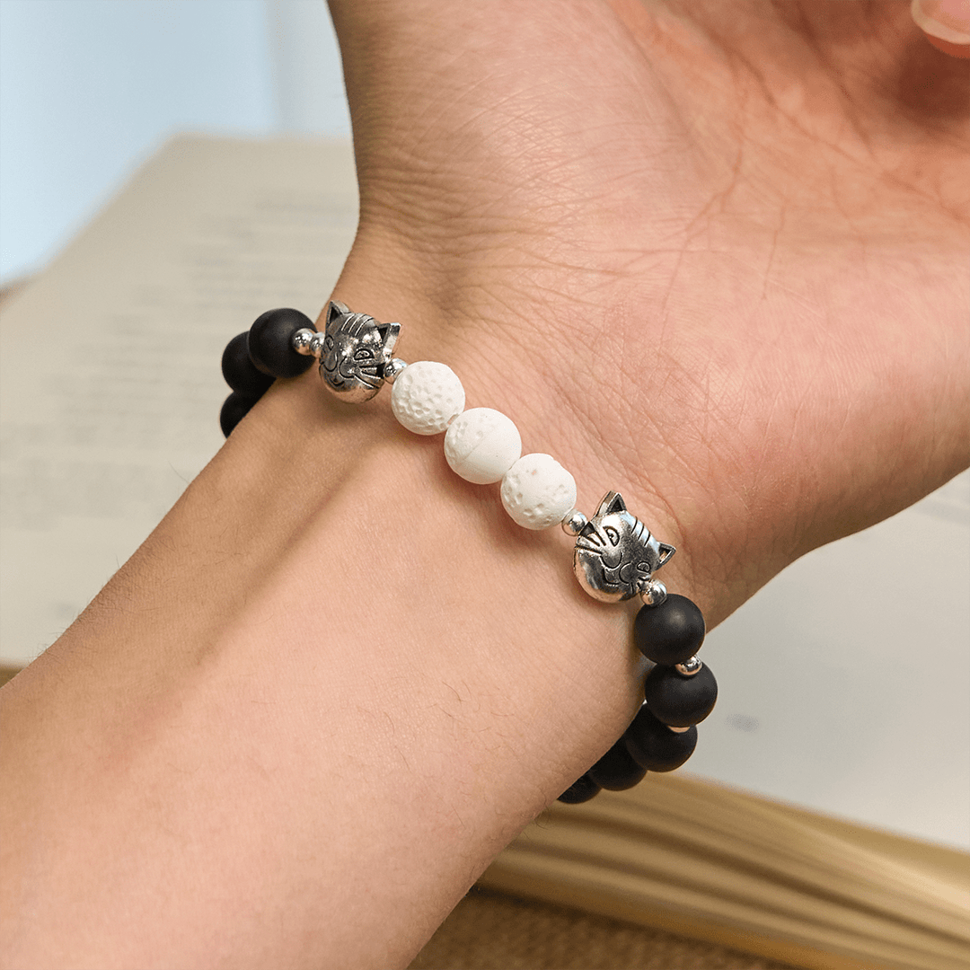 Christianartworkshop Matte Black and White Lava Stone with Cow Cat Blessing Animal Bracelet - image 1
