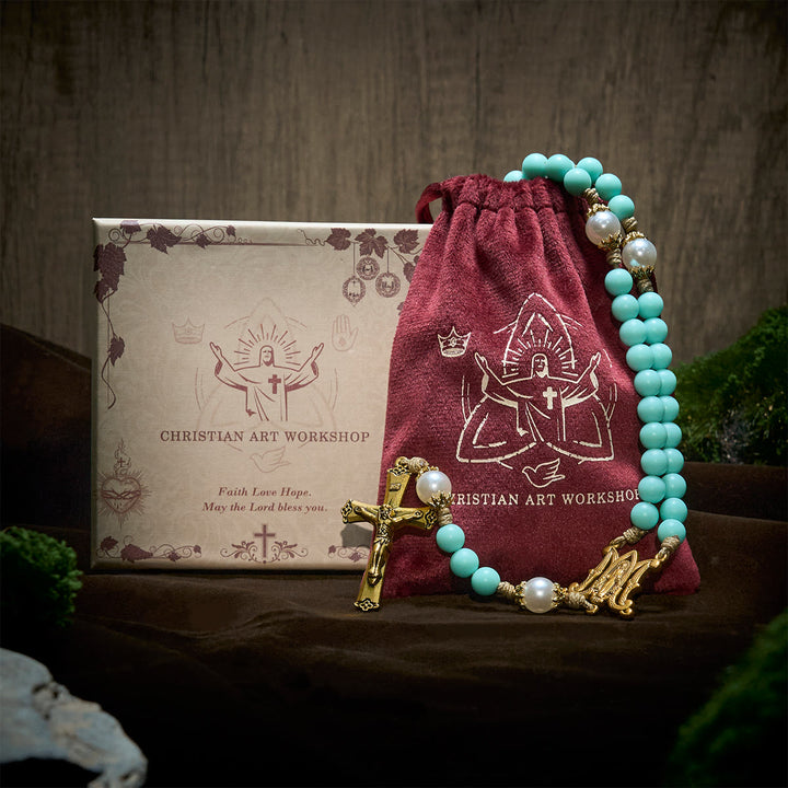 Christianartworkshop Handmade Mint Green Beads & Pearl with Miraculous Medal & Crucifix Rosary - image 3