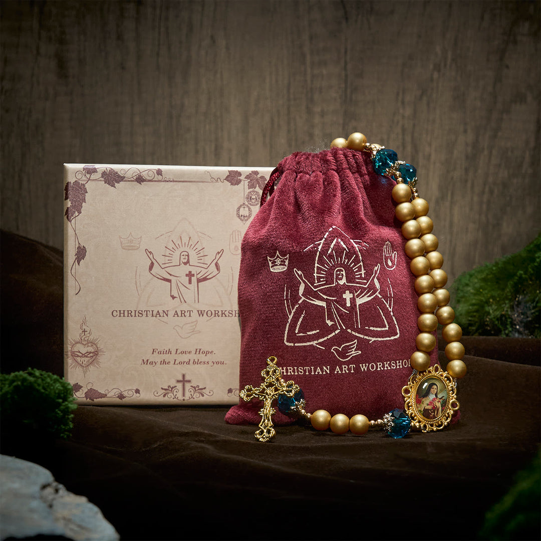 Christianartworkshop Elegant Matte Golden Pearl Rosary with St. Therese and Crucifix - image 6