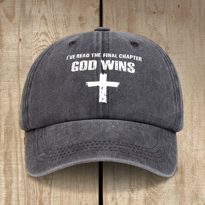 Christianartworkshop God Wins Unisex Distressed Washed Cotton Hat - Dark Grey - image 0