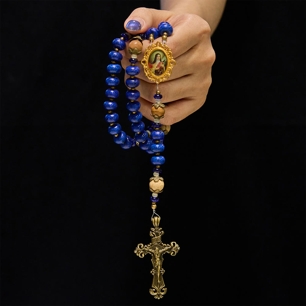 Christianartworkshop Handmade St. Therese of Lisieux Medal & Crucifix 8*10mm Oblate Lapis Lazuli & Map Stone Rosary - image 1