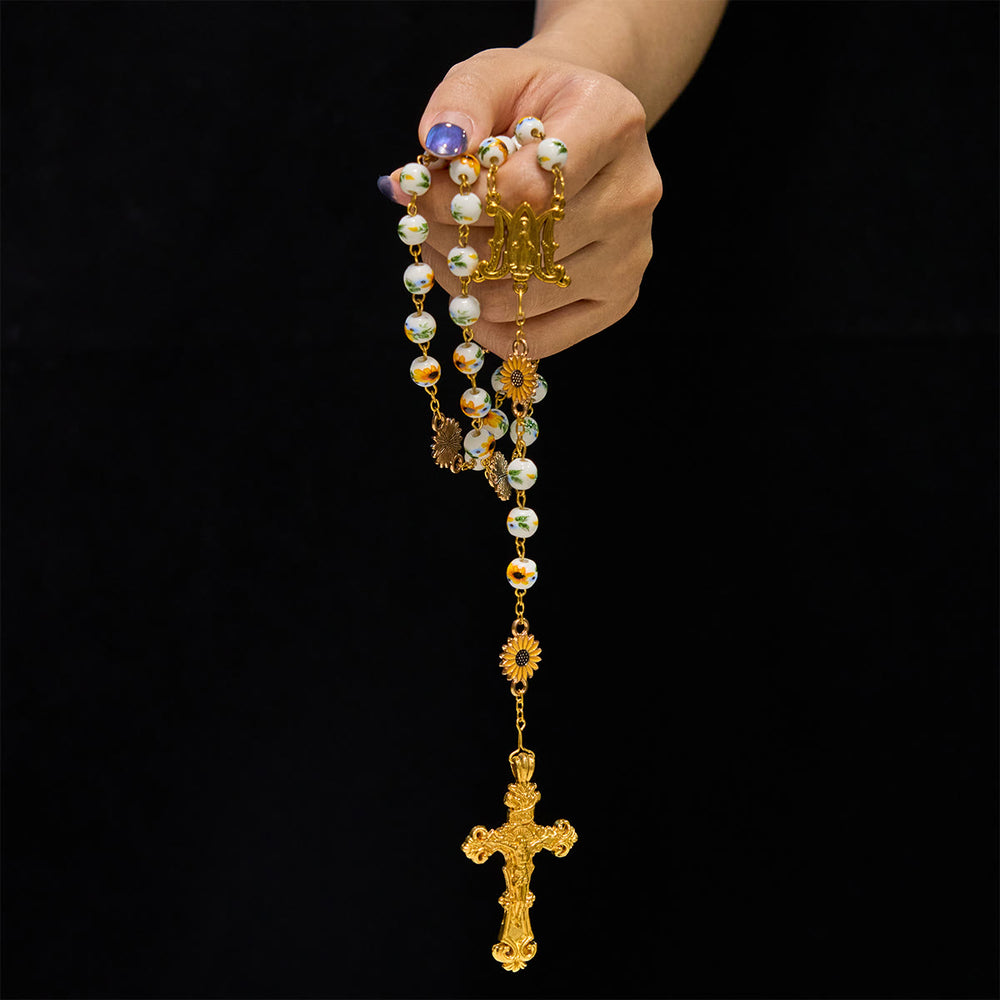 Christianartworkshop Handmade Sunflower-Inspired Rosary: A Divine Creation with Yellow Floral Beads - image 1