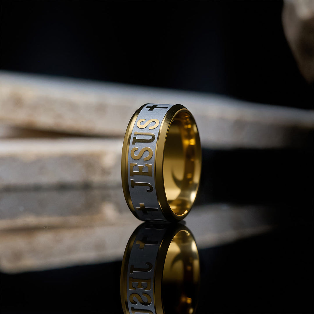 Christianartworkshop Titanium Steel Ring with Laser engraving "JESUS" - Golden - AU Size Z（US 13） - image 0