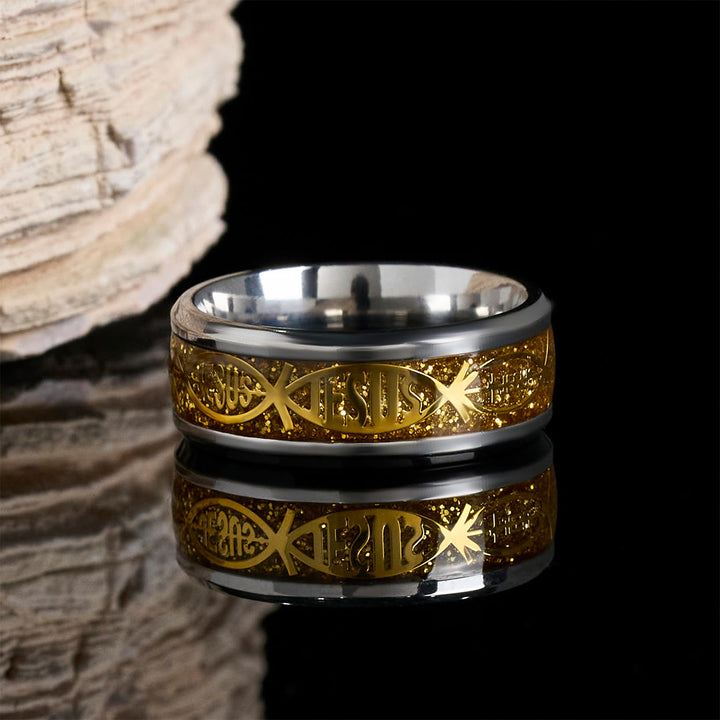 Christianartworkshop Rustic Stainless Steel Ring: "Jesus" in Fish - Golden - AU Size Z（US 13） - image 3