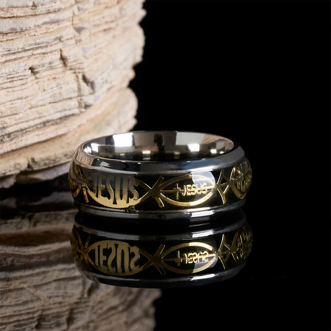 Christianartworkshop Rustic Stainless Steel Ring: "Jesus" in Fish - Black - AU Size Z（US 13） - image 2