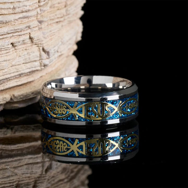 Christianartworkshop Rustic Stainless Steel Ring: "Jesus" in Fish - Blue - US 13 - image 1