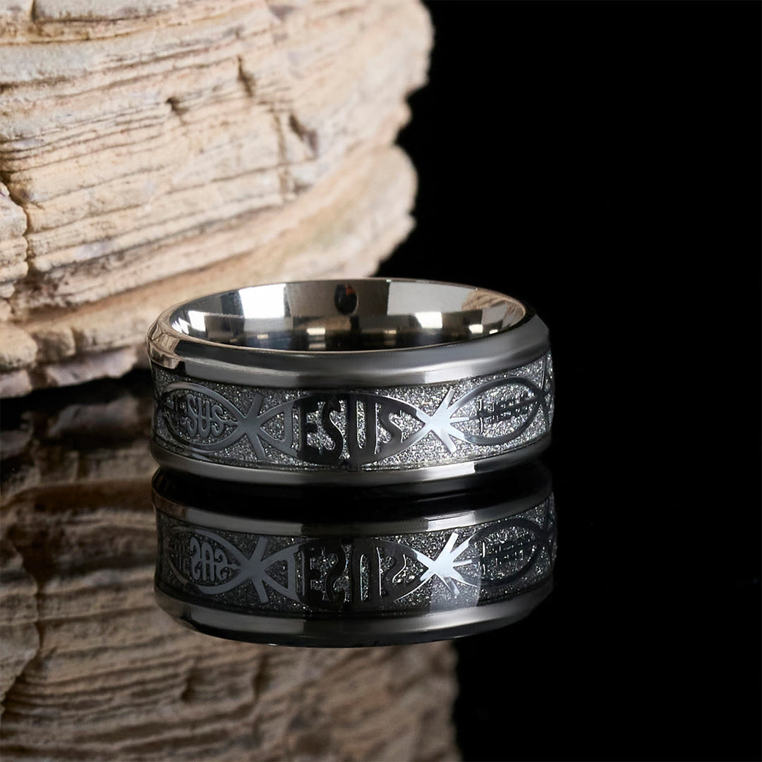Christianartworkshop Rustic Stainless Steel Ring: "Jesus" in Fish - Silver - AU Size Z（US 13） - image 4