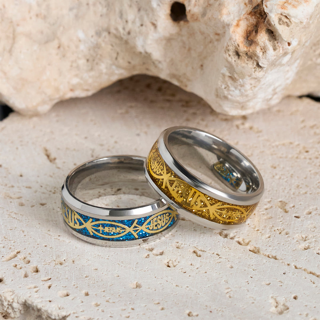 Christianartworkshop Rustic Stainless Steel Ring: "Jesus" in Fish - image 5