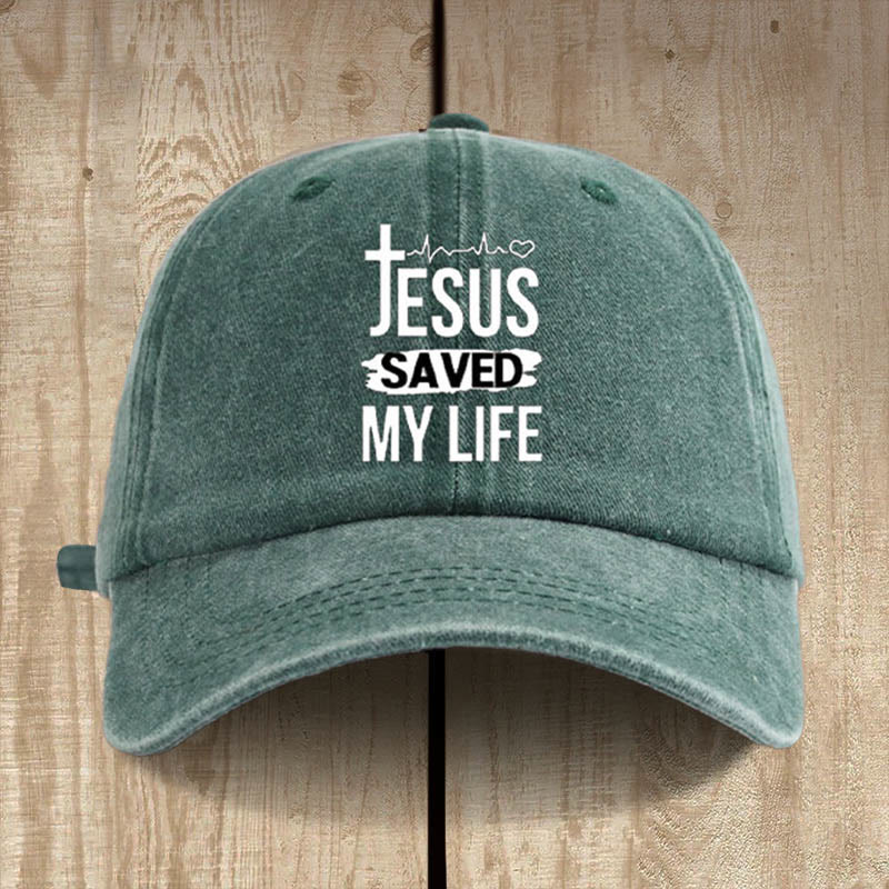 Christianartworkshop Vintage Jesus Saved My Life Unisex Distressed Washed Cotton Hat - Grey-green - image 0