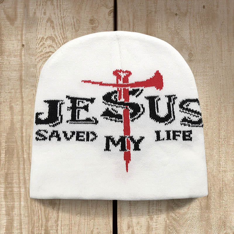 Christianartworkshop Jesus Saved My Life Knit Beanie: A Warm Reminder of His Grace - White - image 2
