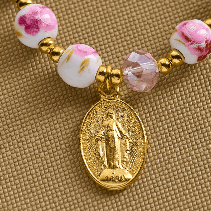 Christianartworkshop Elegant 8mm Flower Pattern Pink Ceramic Bracelet with Miraculous Medal - image 3