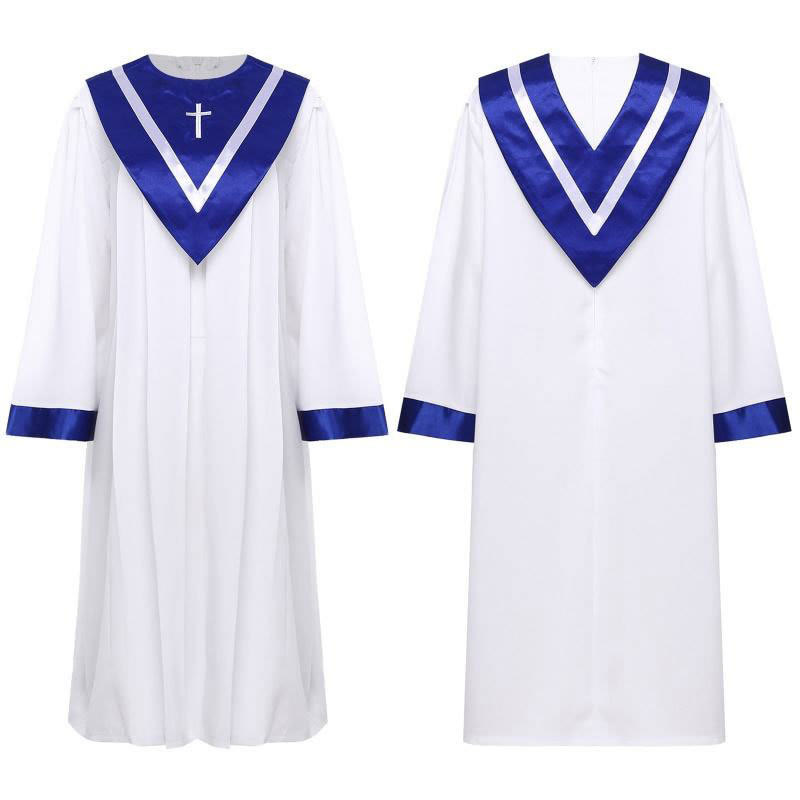 Christianartworkshop Classic White Clergy Robe with Contrast V-Neck & Cross Detailing - Blue - 3XL - image 4