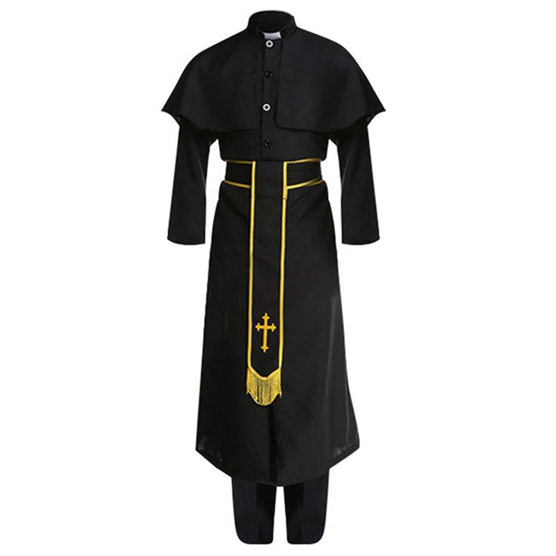 Christianartworkshop Medieval Style Black Clergy Robe with Cross Tassel Belt and Shawl Collar - image 7