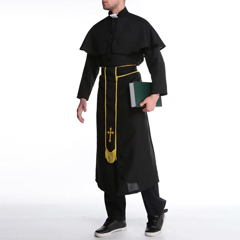 Christianartworkshop Medieval Style Black Cassock Clergy Robe with Cross Tassel Belt and Shawl Collar - image 9