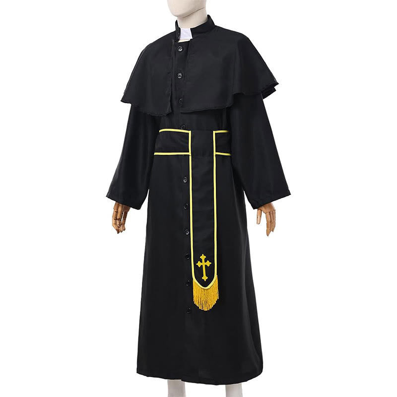 Christianartworkshop Medieval Style Black Clergy Robe with Cross Tassel Belt and Shawl Collar - image 10