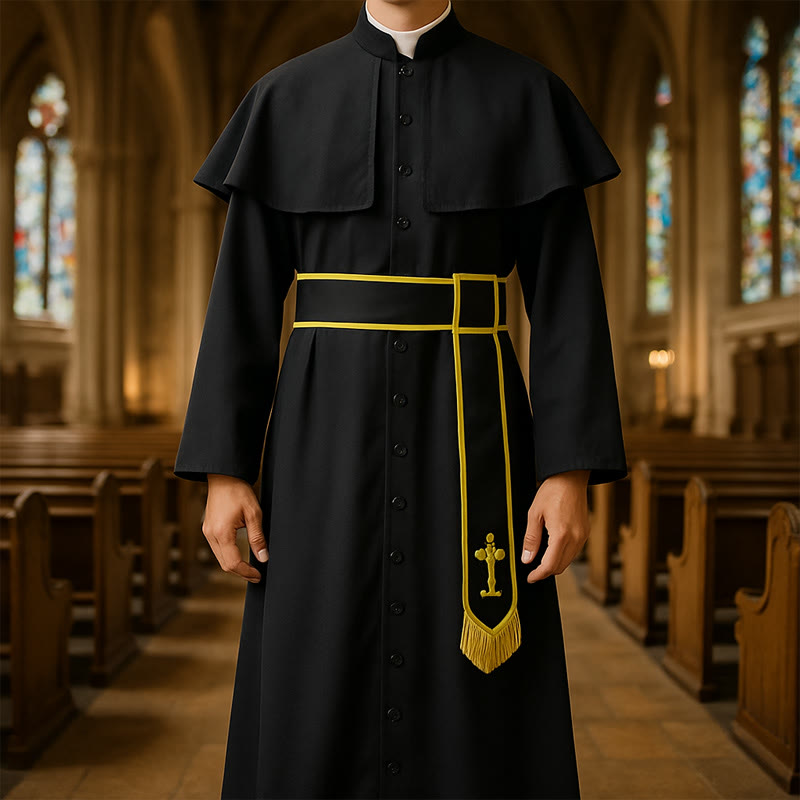 Christianartworkshop Medieval Style Black Clergy Robe with Cross Tassel Belt and Shawl Collar - 2XL - image 0