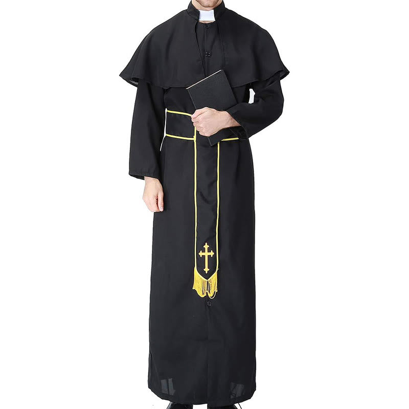 Christianartworkshop Medieval Style Black Clergy Robe with Cross Tassel Belt and Shawl Collar - image 4